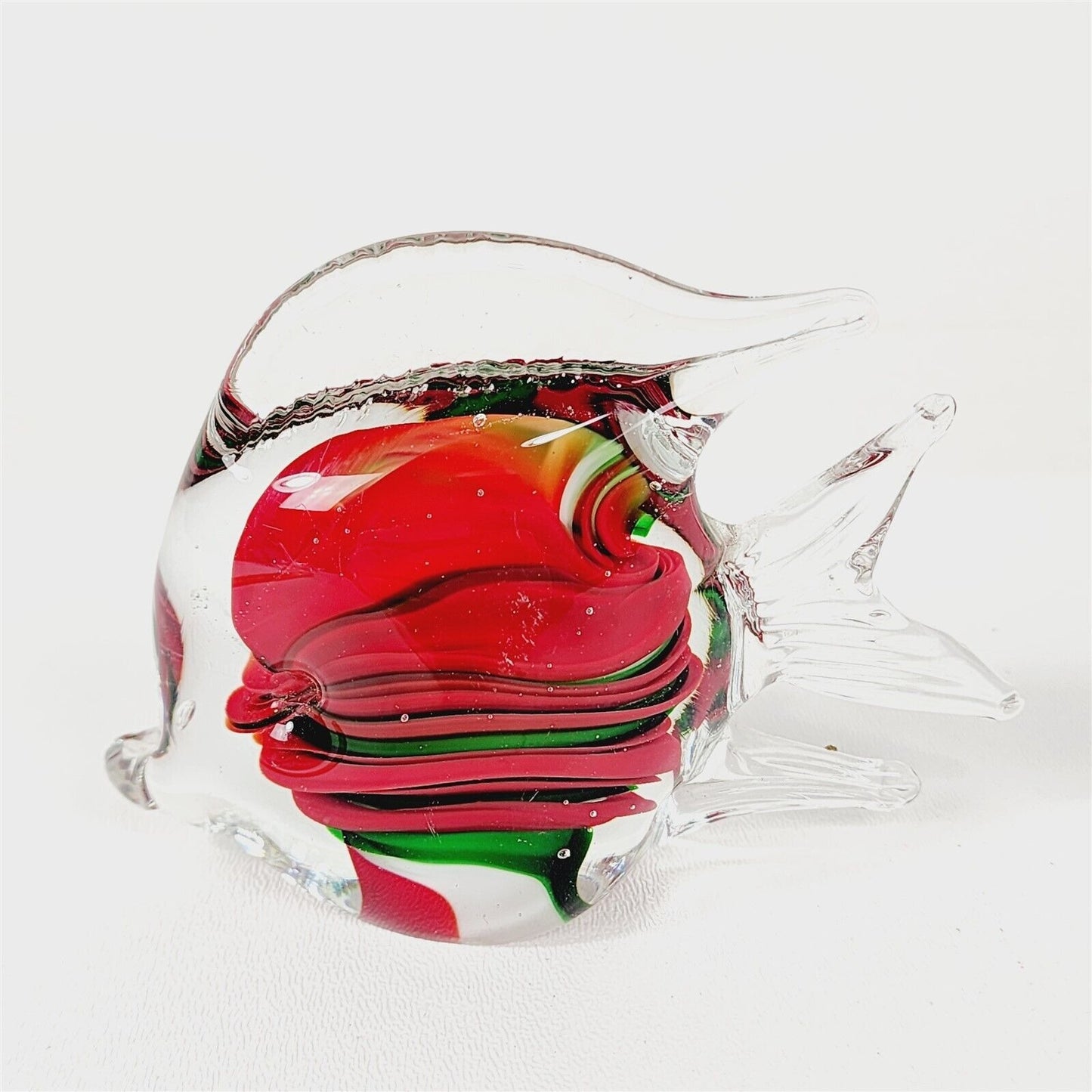 Vintage Glass Fish Shaped Paperweight Red Green White - 4.5" x 3.5"