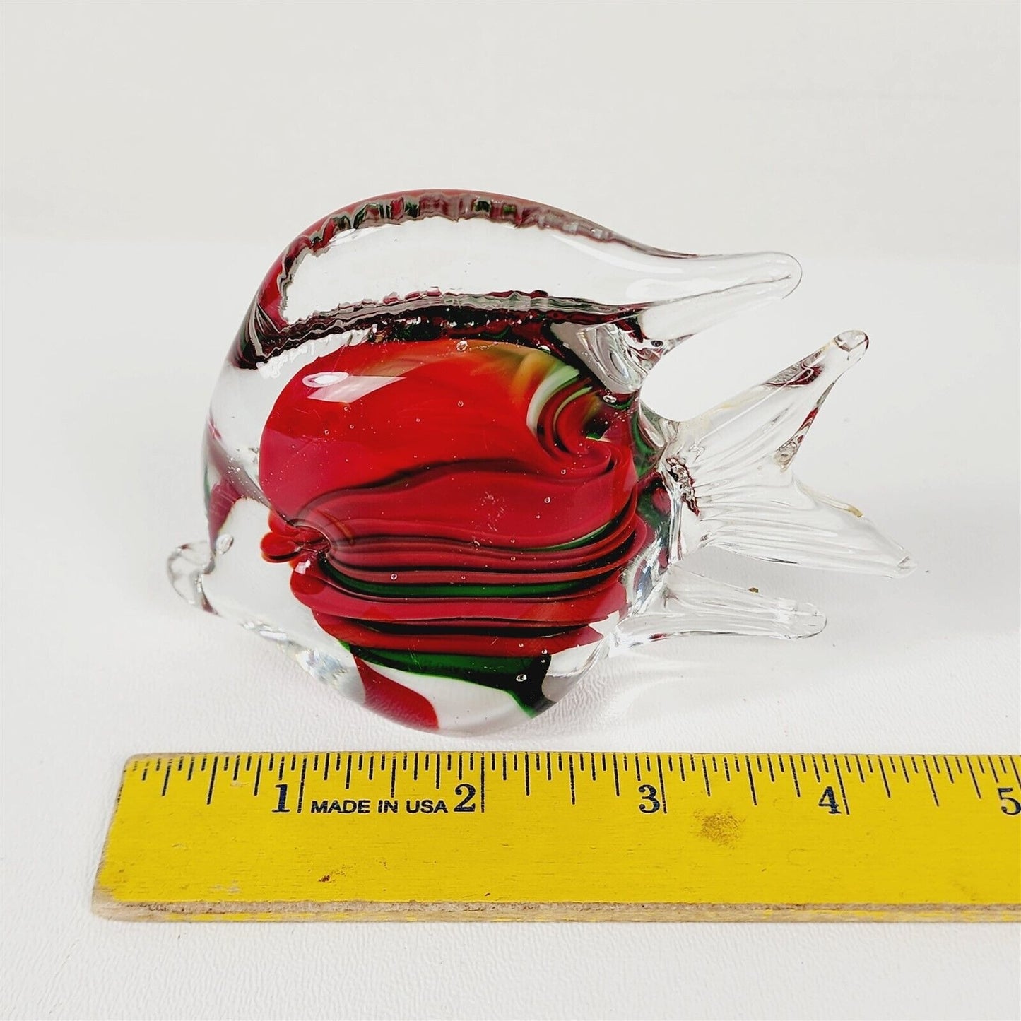 Vintage Glass Fish Shaped Paperweight Red Green White - 4.5" x 3.5"