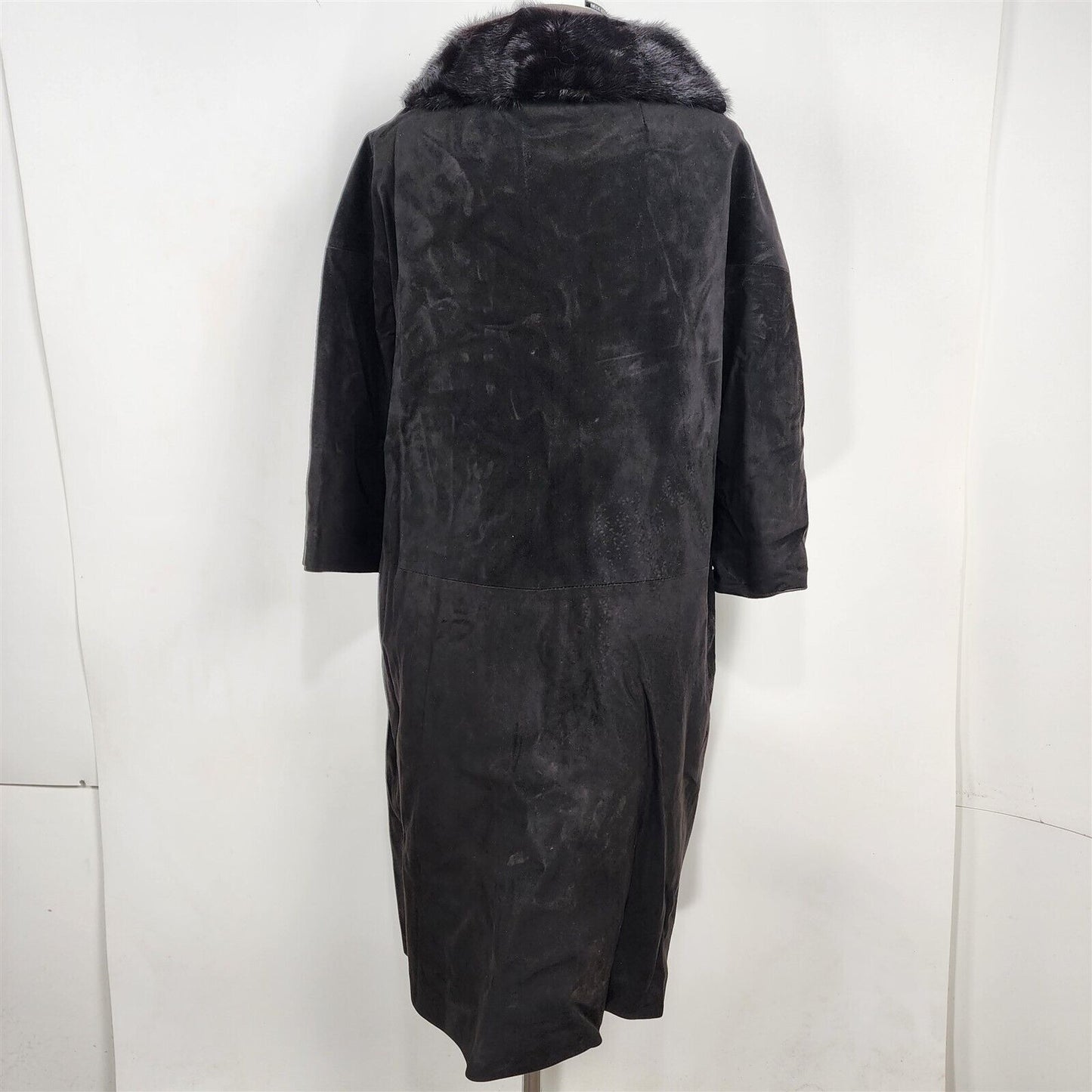 Vintage Black Soft Suede Leather Jacket Coat w/ Mink Fur Collar Womens L