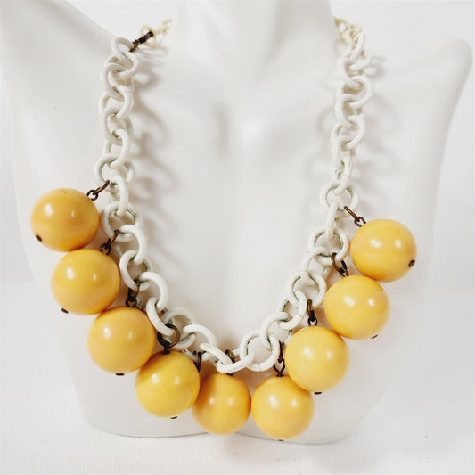 Vintage Lucite Bakelite Chain Link White & Yellow Choker Necklace