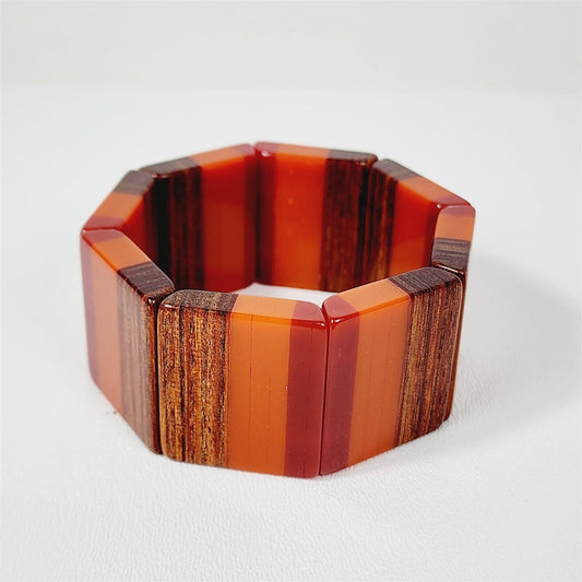 Vintage Red Orange & Wood Tone Lucite Stretch Bracelet