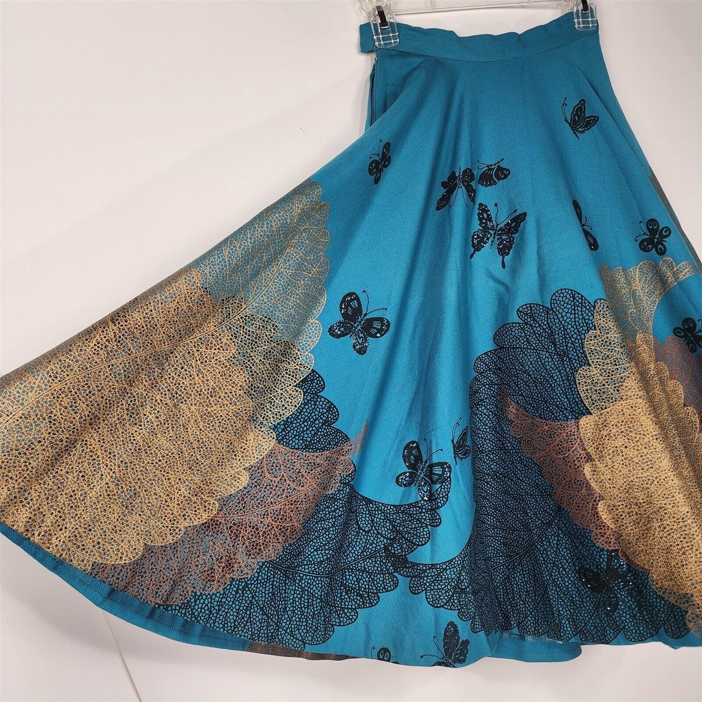 Vintage 1950s Jay Original Blue Sparkle Butterfly Gold Leaf Full Circle Skirt