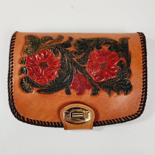 Vintage Tooled Leather Floral Laced Edge Clutch Purse Red Roses