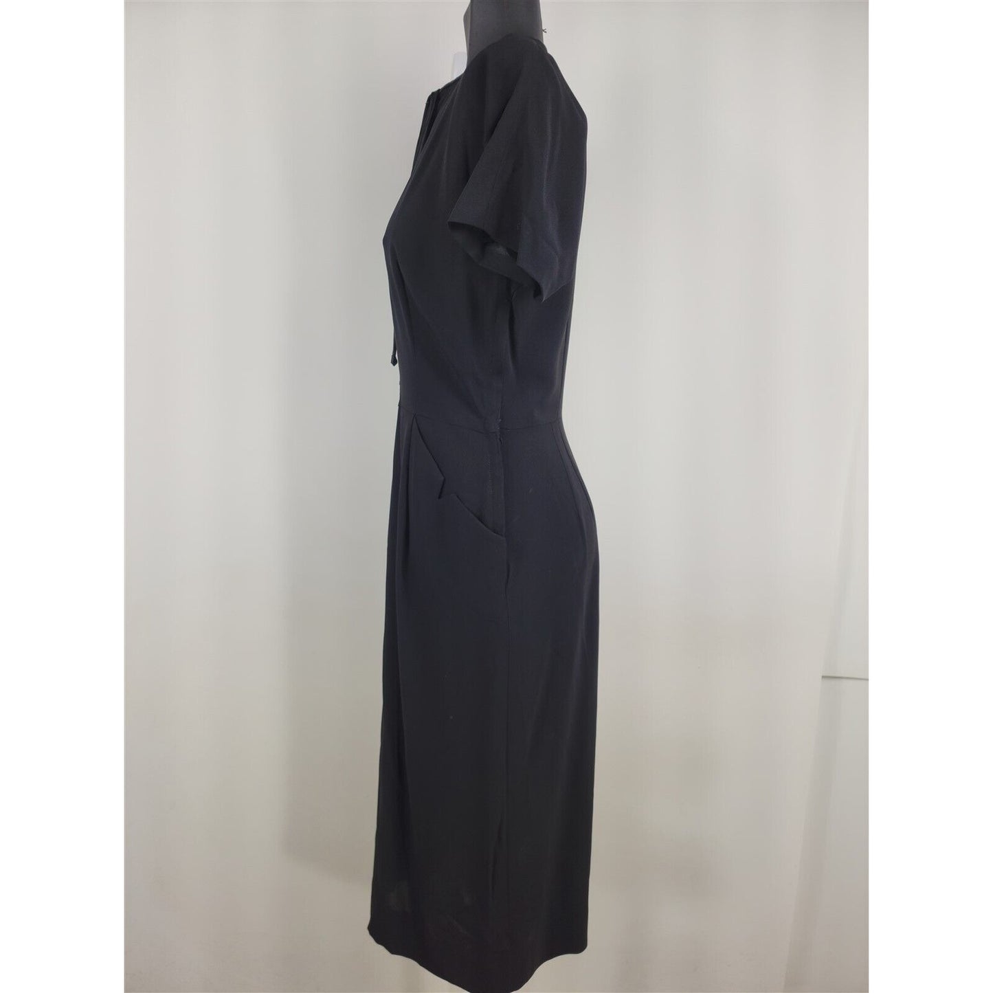 Vintage 1950s Black Short Sleeve Crepe Zip Front Dress Womens Size S/M