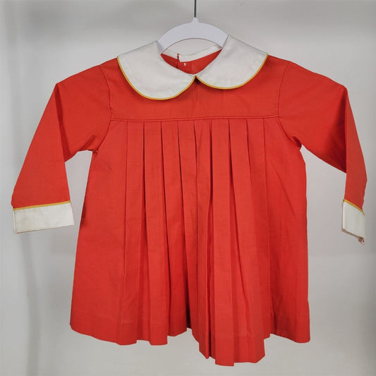 Vintage Little Girl Red Handmade Collared Long Sleeve Shirt Dress Pleated