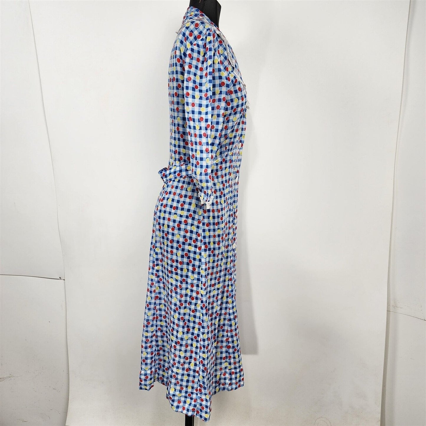 Vintage 1930s Organdy Polka Dot Blue Plaid Summer Day Dress