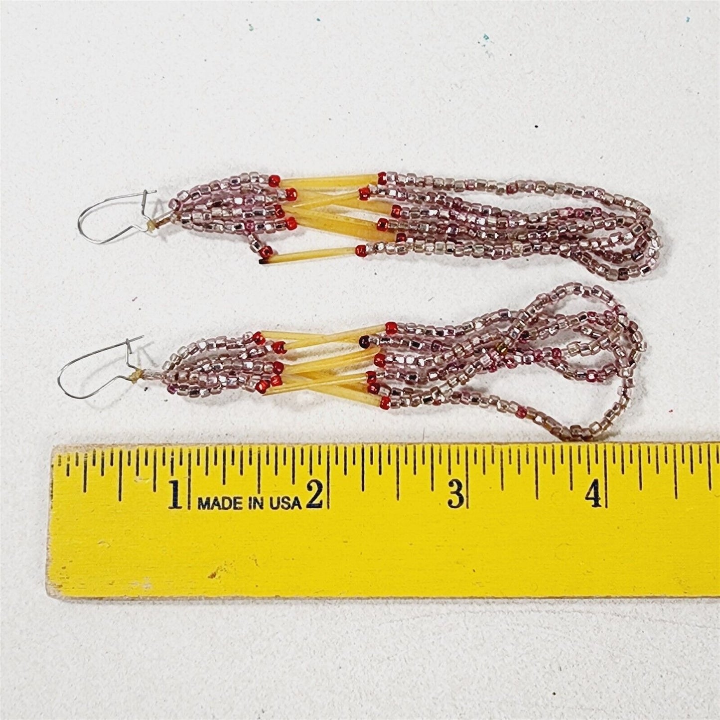 Vintage Native American Porcupine Quill Light Pink Seed Bead Earrings Boho