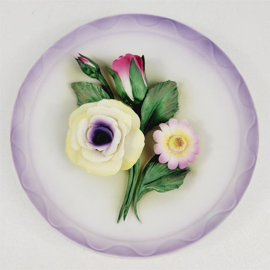 Vintage Capodimonte Flower Porcelain Wall Hanging Plaque Plate Purple 8.25"