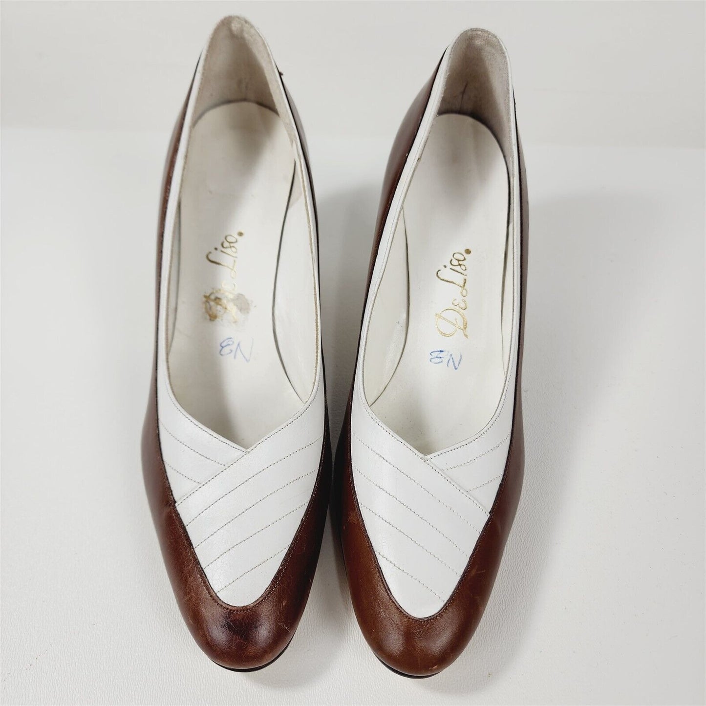 Vintage DeLiso Brown & White Leather Pumps Heels Shoes Size 8 AA