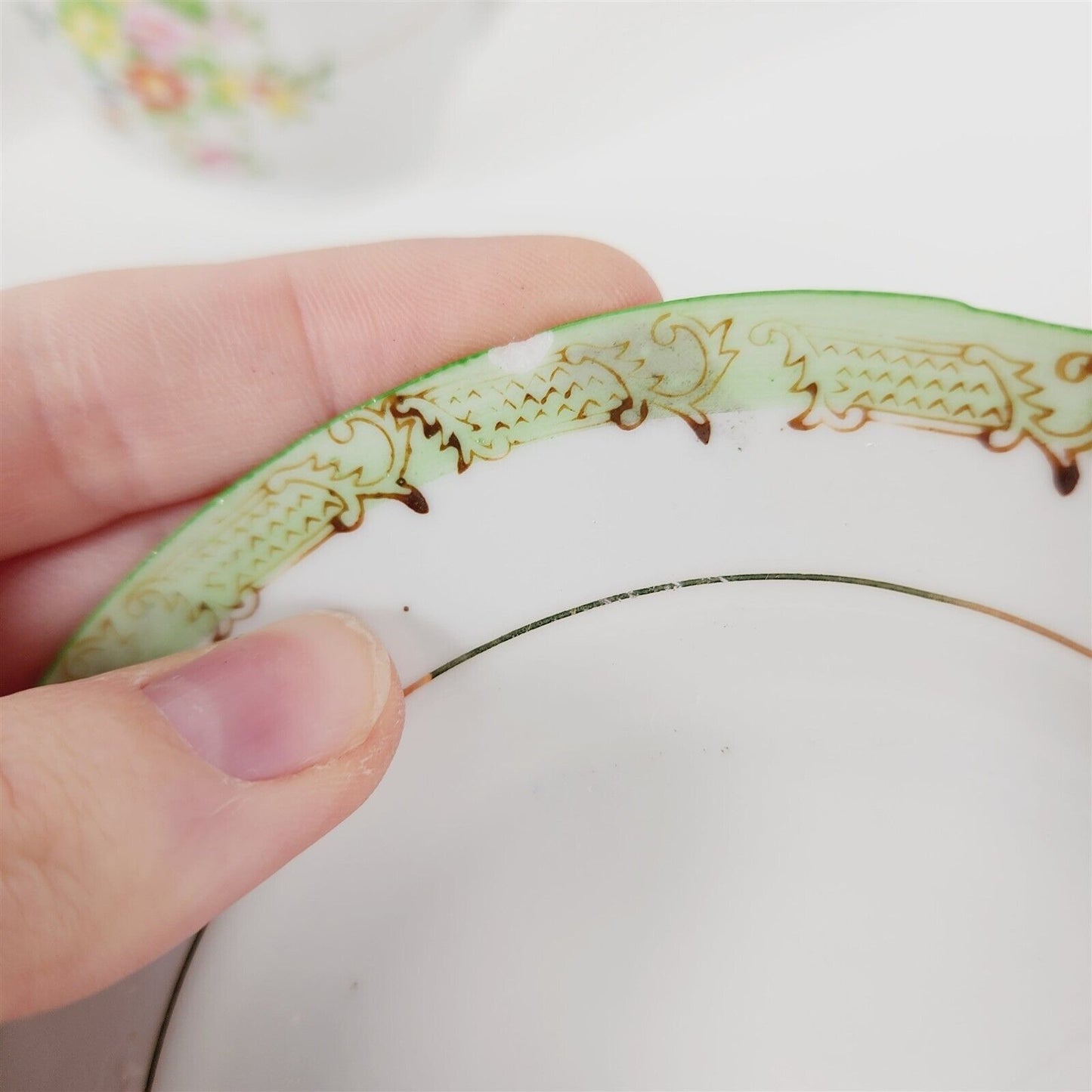 Vintage 20 Piece Porcelain Childs Tea Set Dishes Japan Green Floral Plates Cups