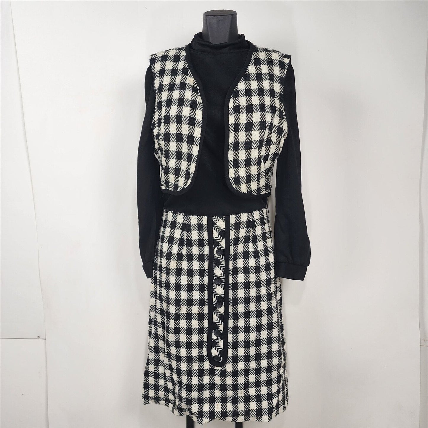 Vintage 1960s Jerrie Lurie Black & White Plaid Turtle Neck Dress w/ Vest