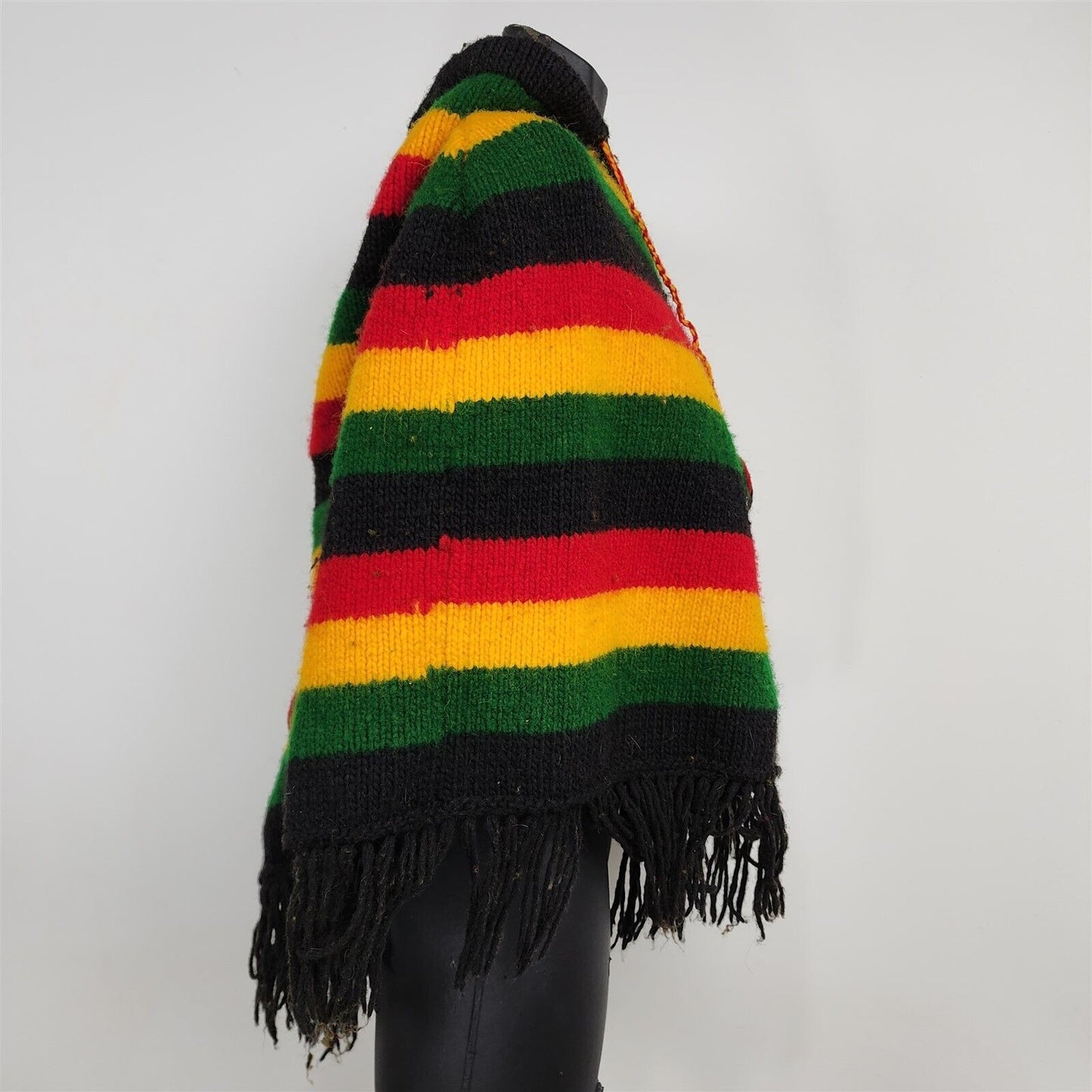 Vintage Red Yellow Green Black Striped Hooded Poncho Fringe Wool Made in Ecuador