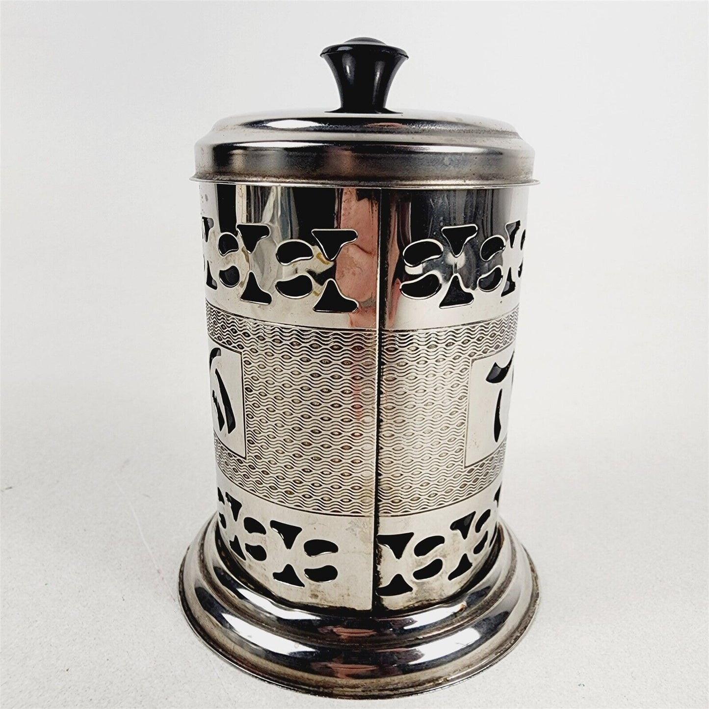 Vintage Pierced Metal Tea Caddy Art Deco Oriental Black Insert - No Spoon