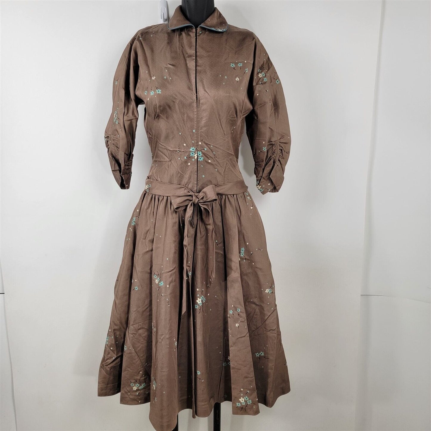 Vintage 1950s R & K Originals Brown Floral Taffeta Cocktail Dress