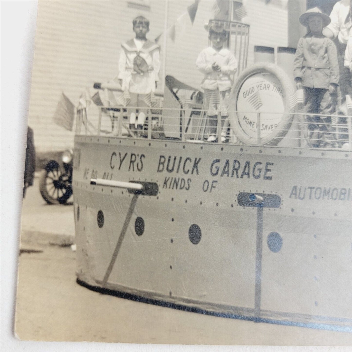 Vintage Photo 1916 Float Parade Cyr's Buick Garage Goodyear Tires Ship Boat 4x6