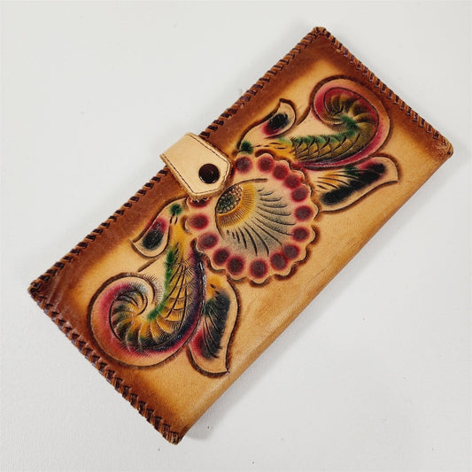 Vintage Tooled Leather Colorful Floral Laced Edge Bi-Fold Wallet