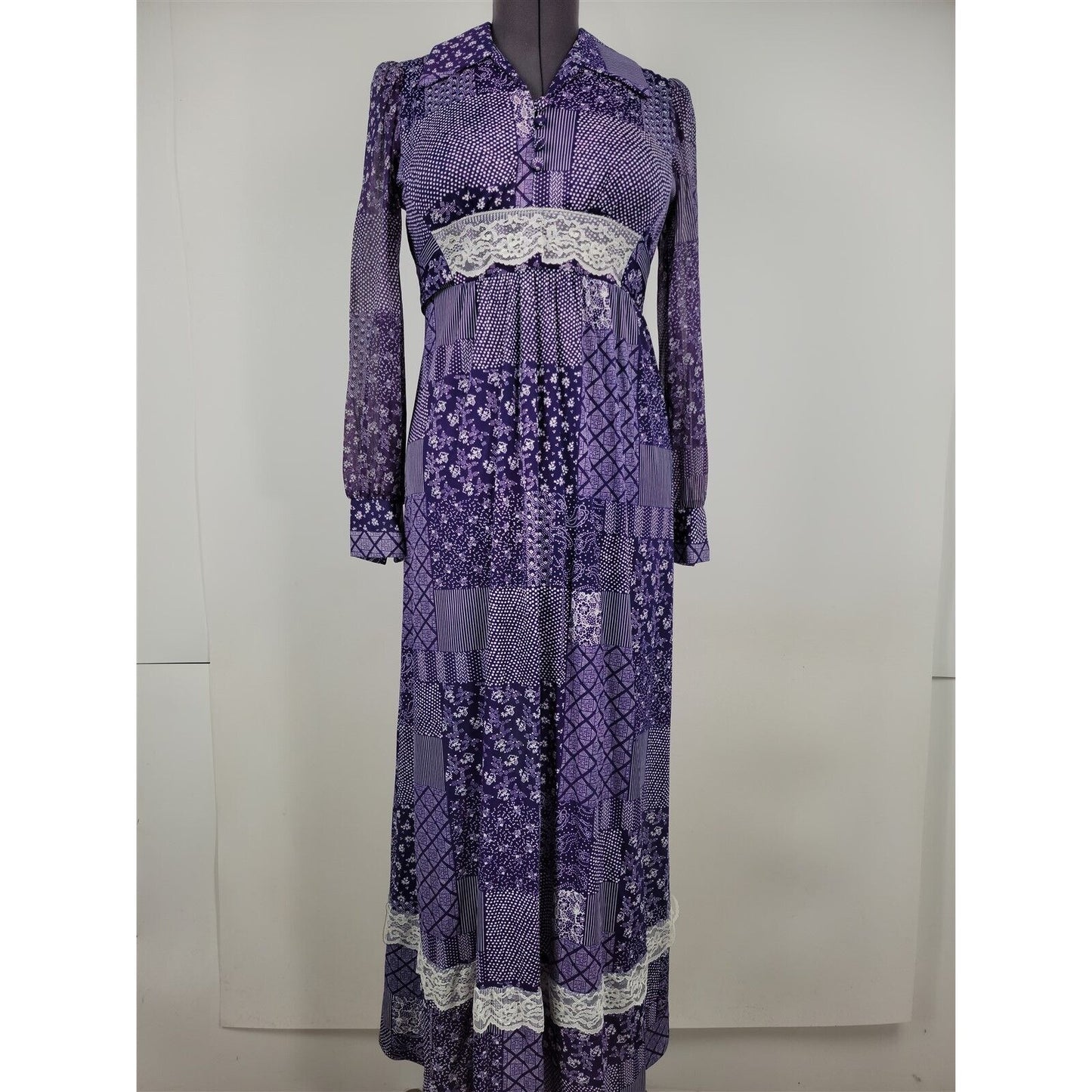 Vintage 1970s Purple Jersey Print Cottagecore Prairie Dress Womens Size 10