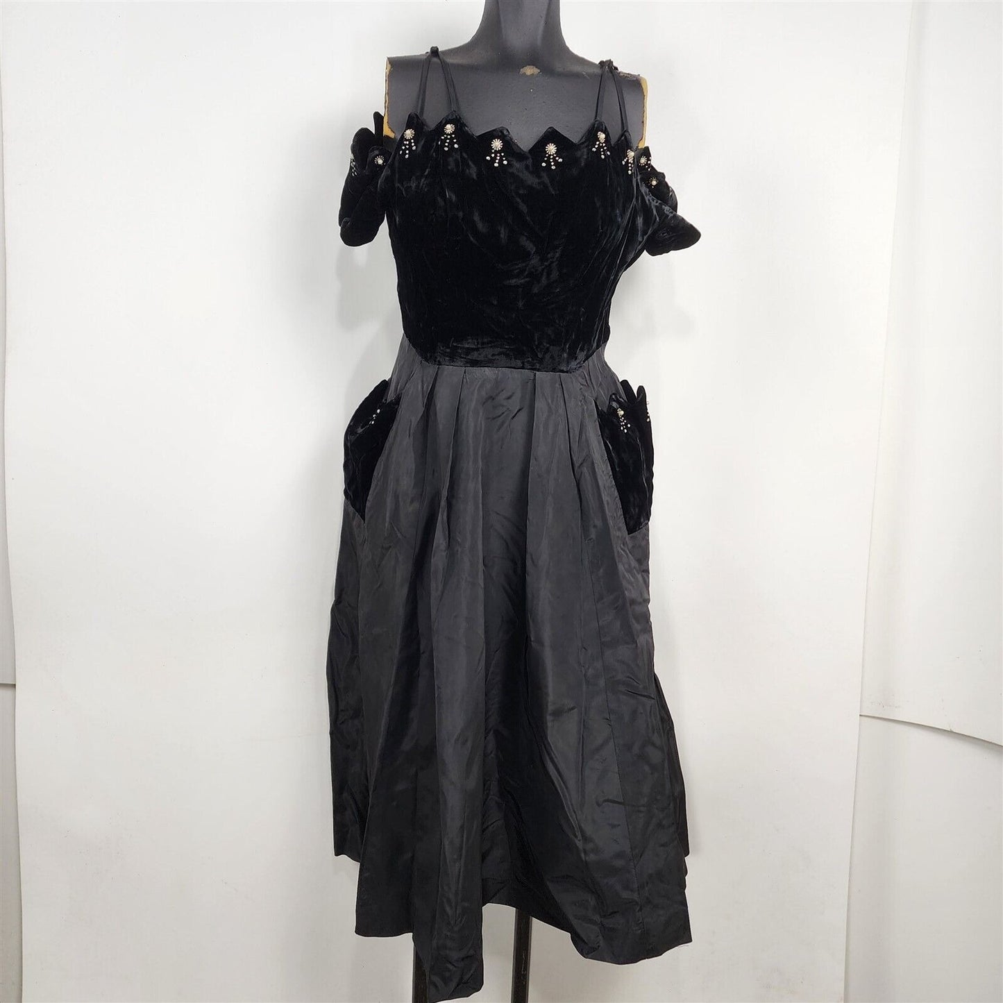 Vintage Black Velvet & Rhinestone Off the Shoulder Evening Party Dress