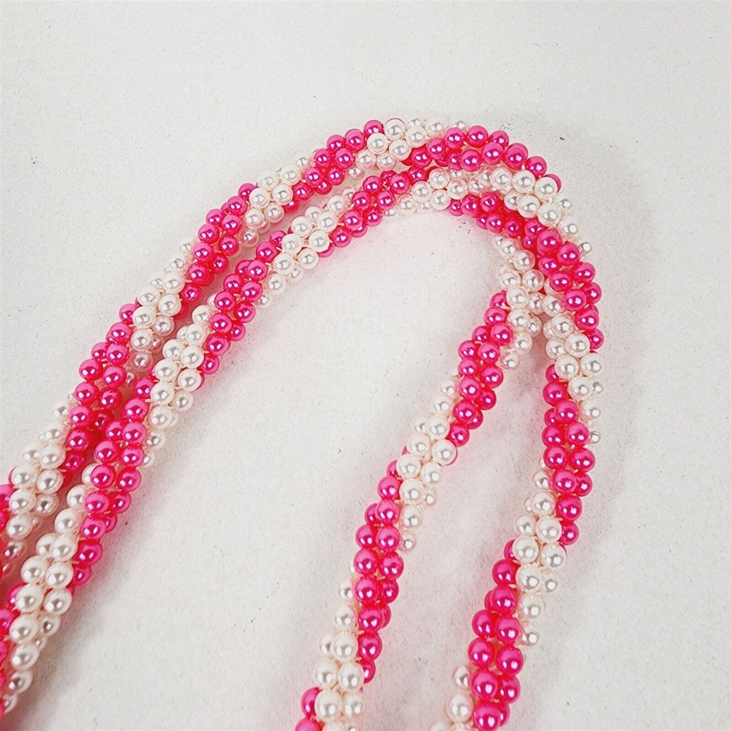 Vintage Pink & White Faux Pearl Beaded Twist Long Lariat Necklace 57"