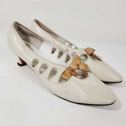 Vintage Ci Ranno Suzi Christi Cream Brown Bow Leather Heels Shoes Size 6.5 B