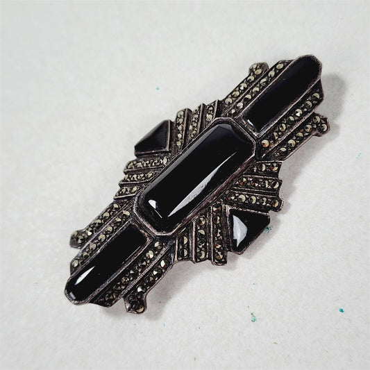 Vintage 925 Sterling Silver Marcasite Onyx Art Deco Brooch Pin - 2 1/8"