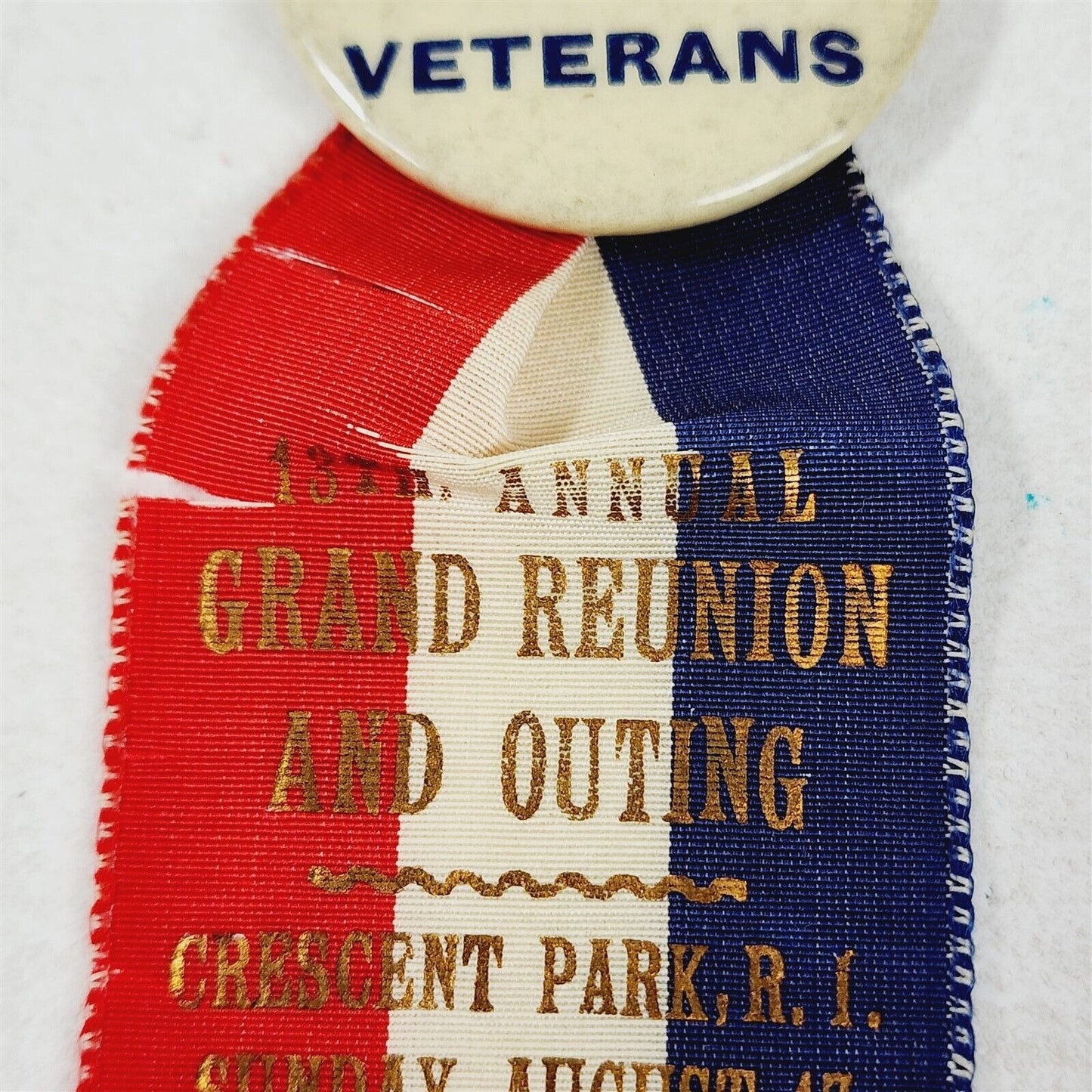 Antique 1924 New England Railroad Veterans 13th Reunion Ribbon & Pin Button - 4"