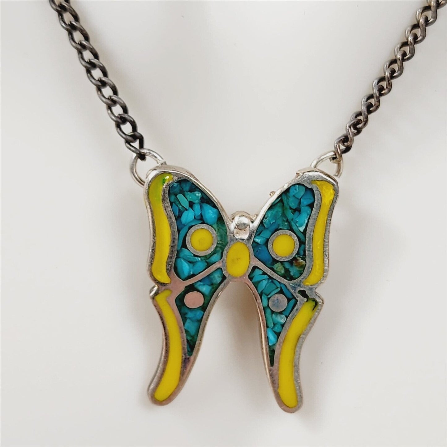 Vintage Butterfly Crushed Turquoise Yellow Enamel Sterling Silver Necklace 16”