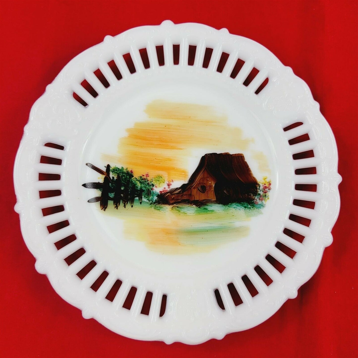 2 Vintage Milk Glass Plates Painted Landscape Scenery Mountains Barn Trees Fence