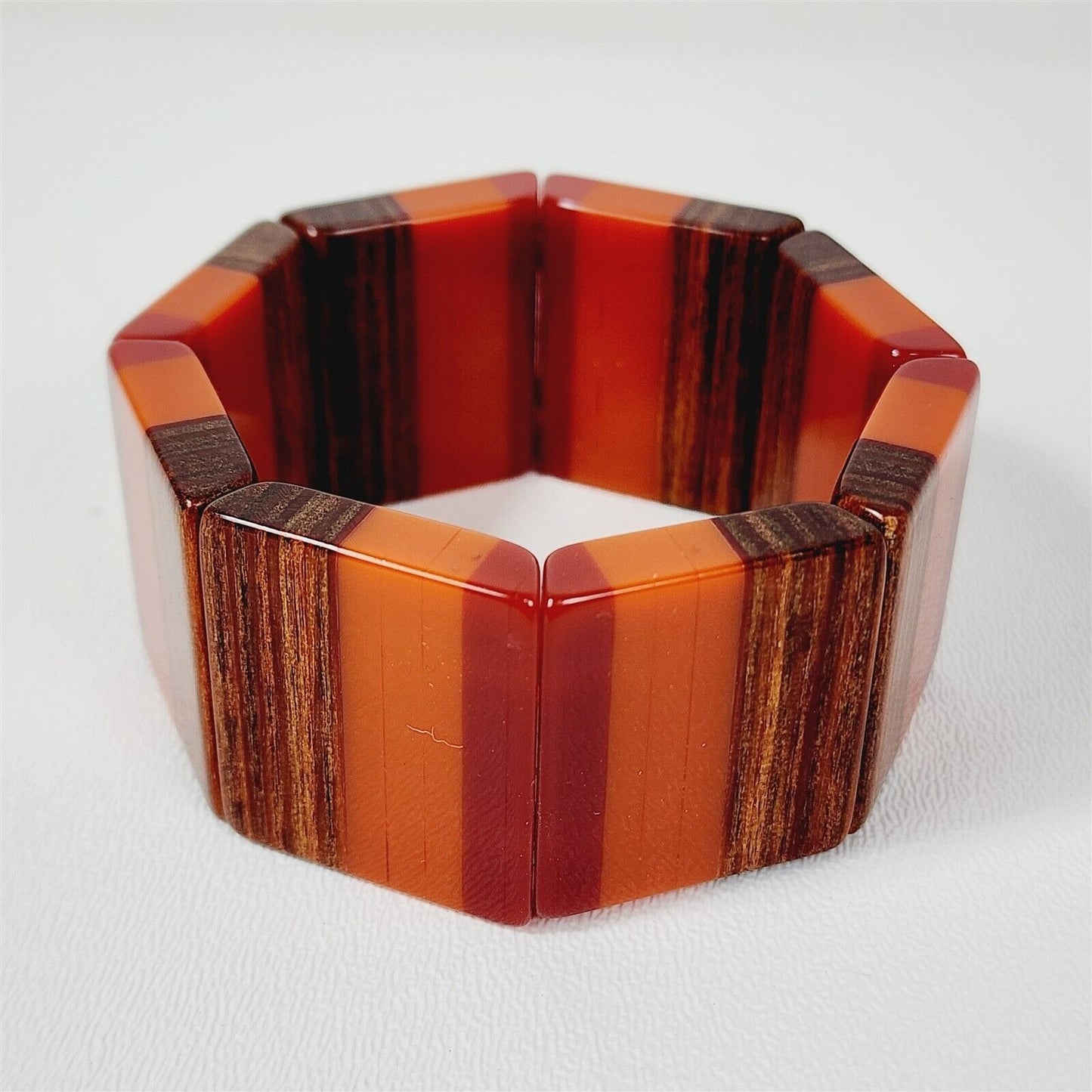 Vintage Red Orange & Wood Tone Lucite Stretch Bracelet