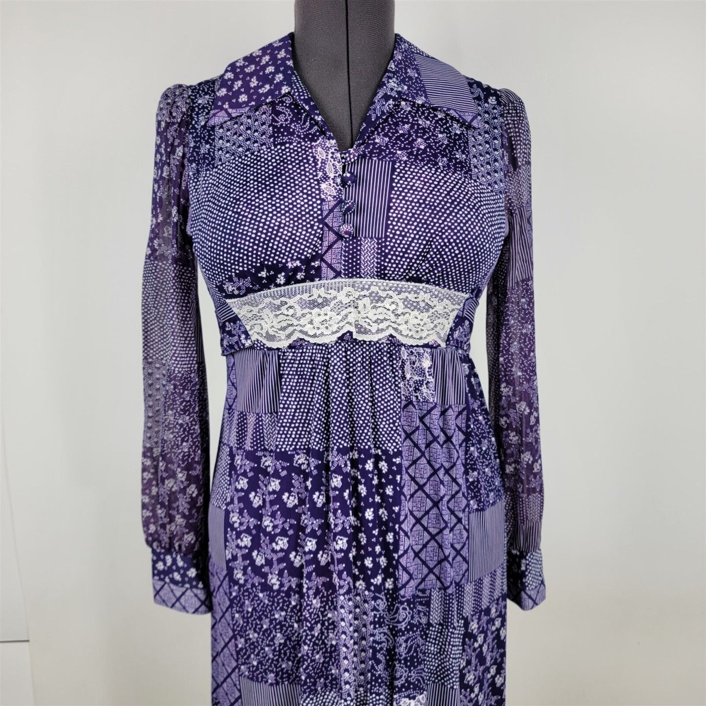 Vintage 1970s Purple Jersey Print Cottagecore Prairie Dress Womens Size 10