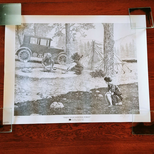 RG Finney Print Signed Camping National Forest 22/750