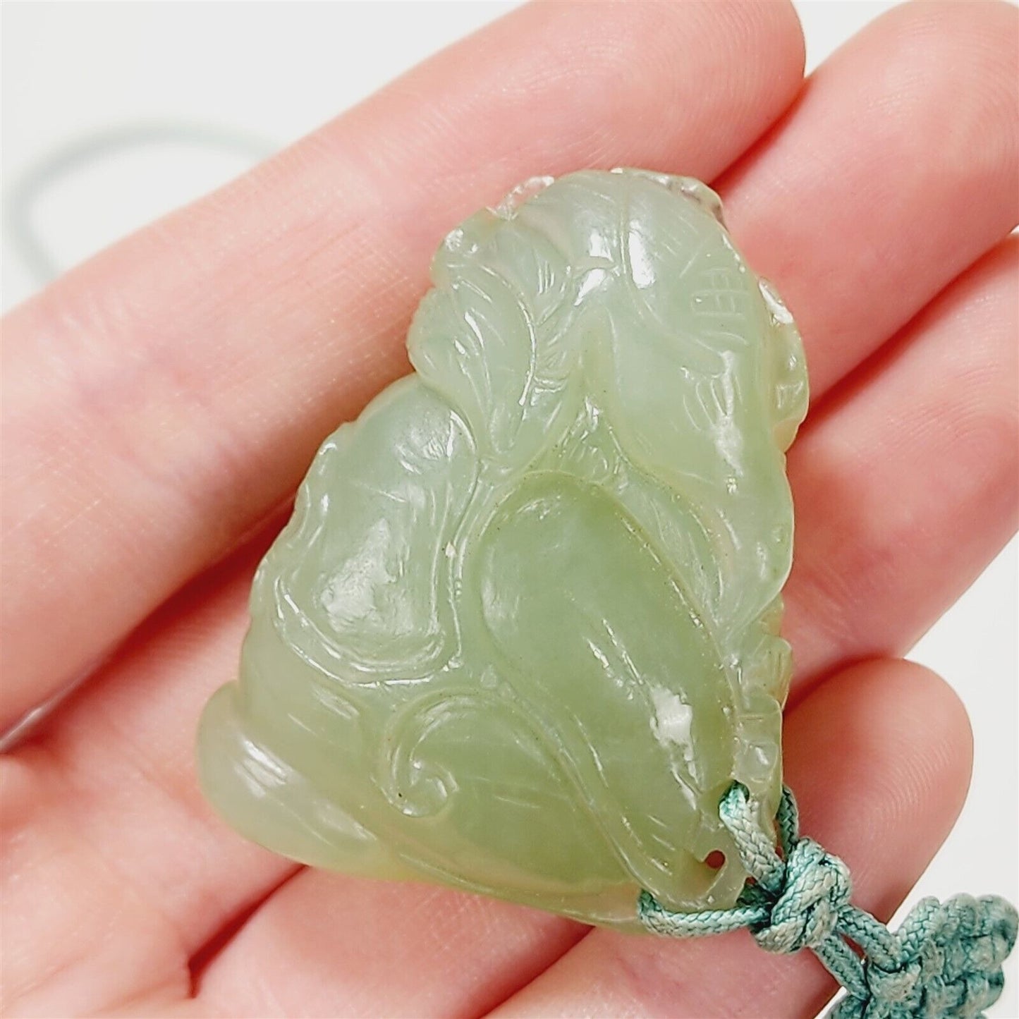 Vintage Carved Flower Jade Jadeite Blue Green Pendant Necklace - 30"