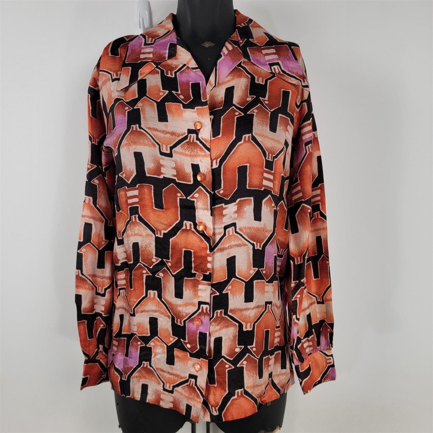 Vintage 1970s Division II Orange Pink Long Sleeve Silk Disco Blouse Womens 10