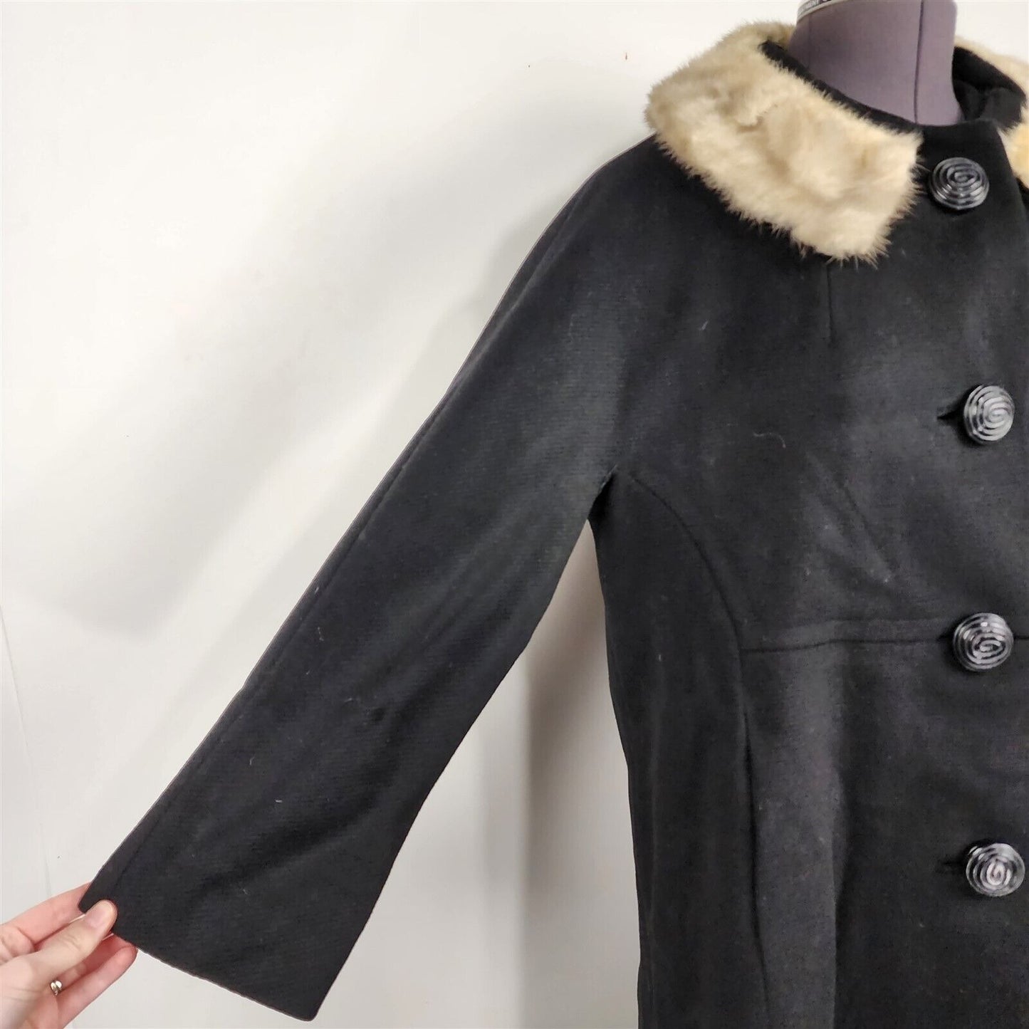 Vintage Black Wool Long Union Made Coat with Real Fur Collar Trim