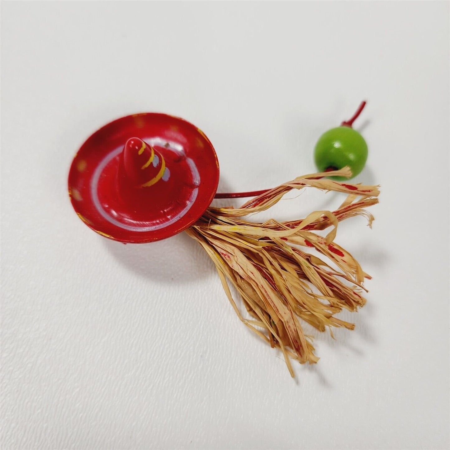 Vintage Red Plastic Sombrero Hat Straw Green Dangle Bead Brooch Pin