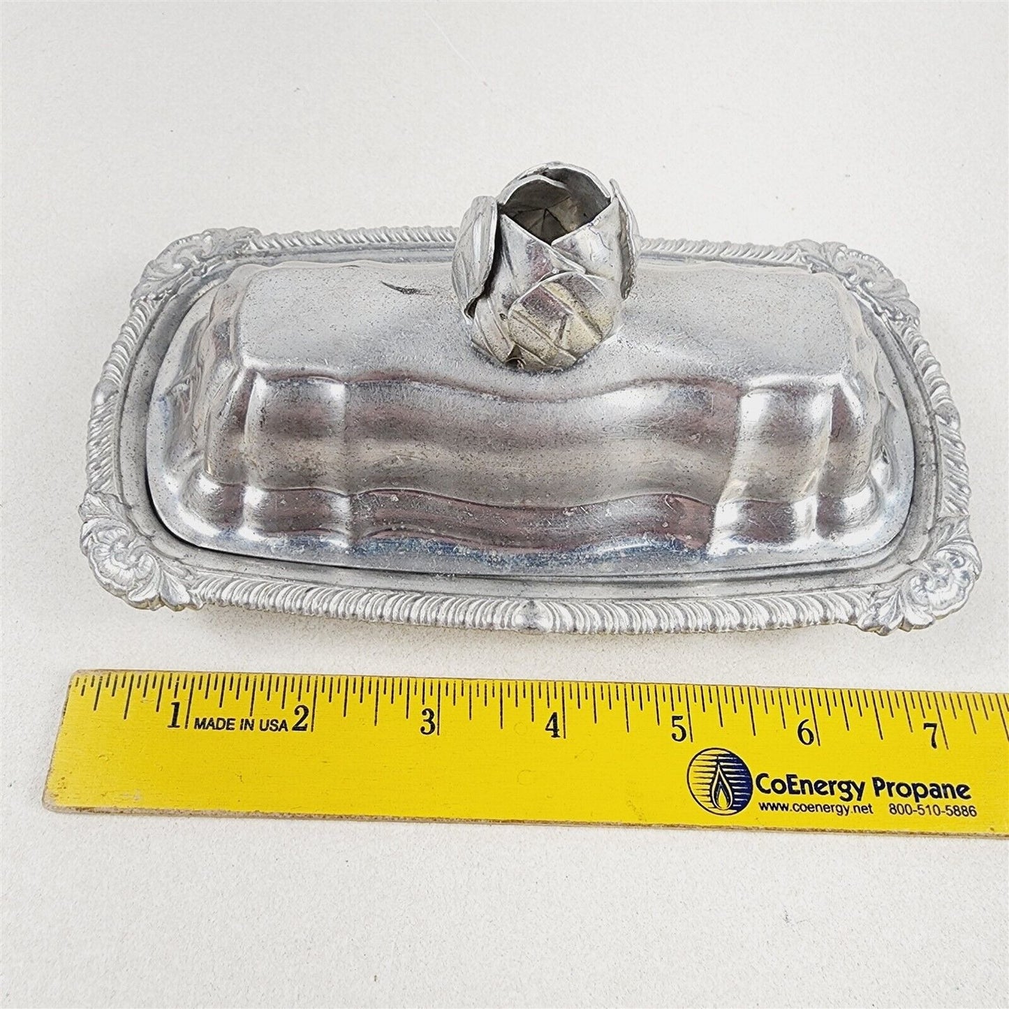 Vintage Aluminum Covered Butter Dish Rose Flower Glass Insert Tray