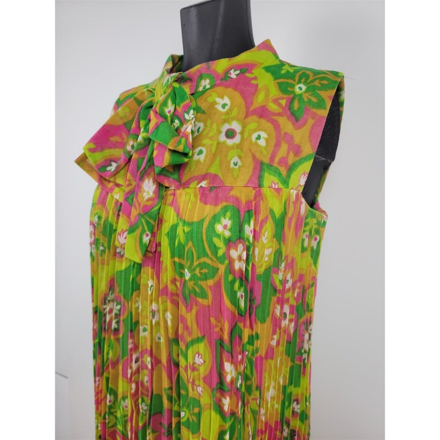 Vintage 1970s Junior Accent Frank Adams Sleeveless Floral Pleated Dress Womens S