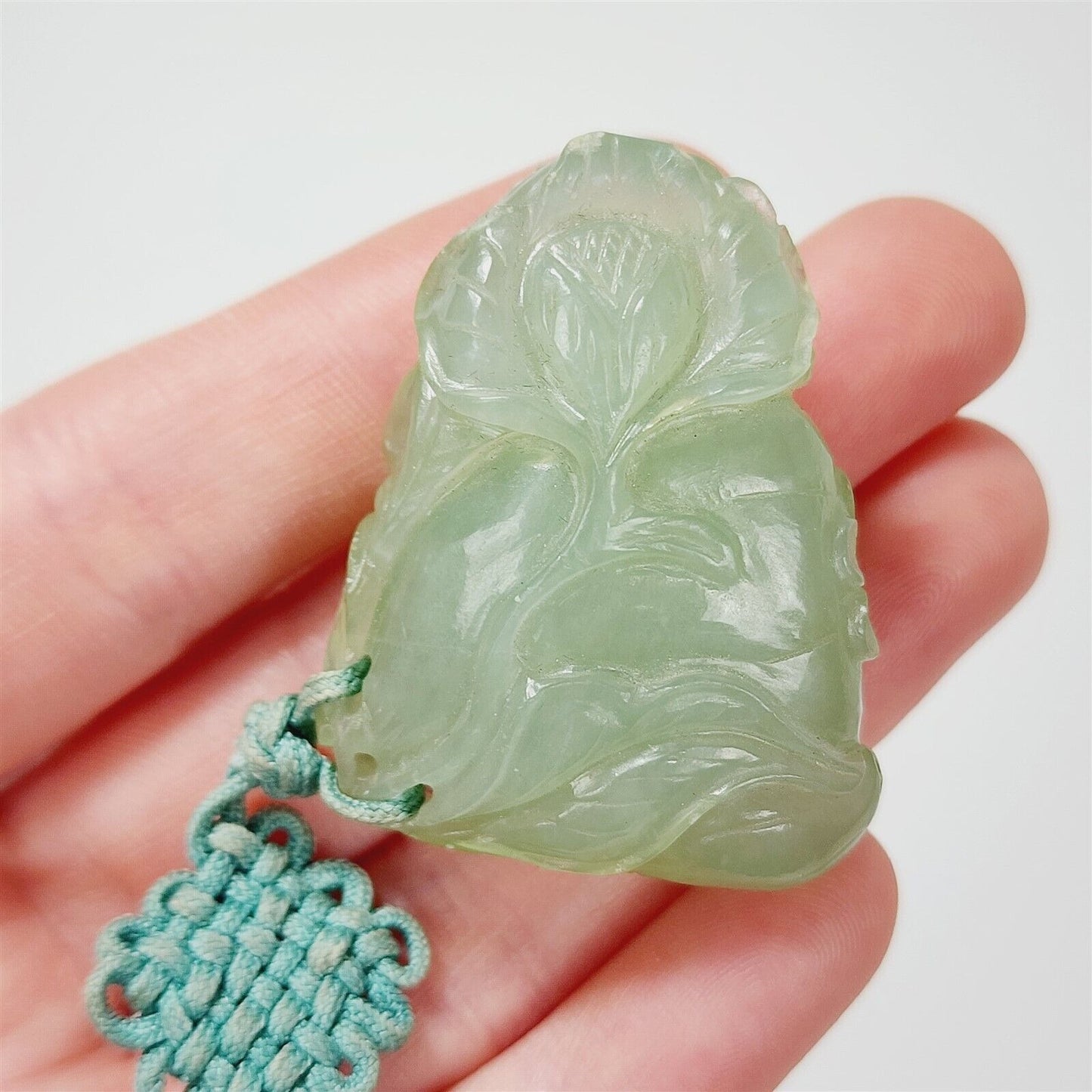 Vintage Carved Flower Jade Jadeite Blue Green Pendant Necklace - 30"