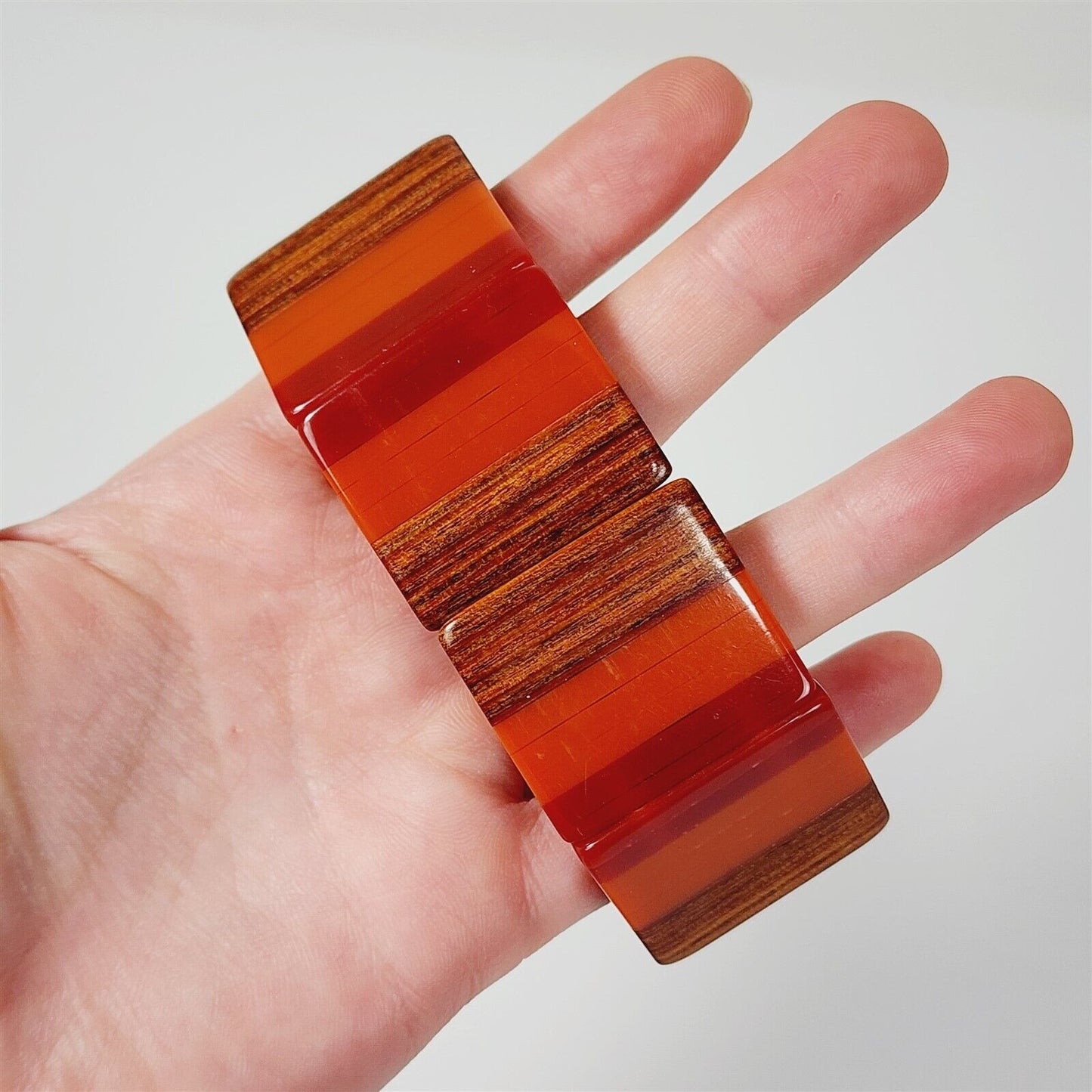 Vintage Red Orange & Wood Tone Lucite Stretch Bracelet