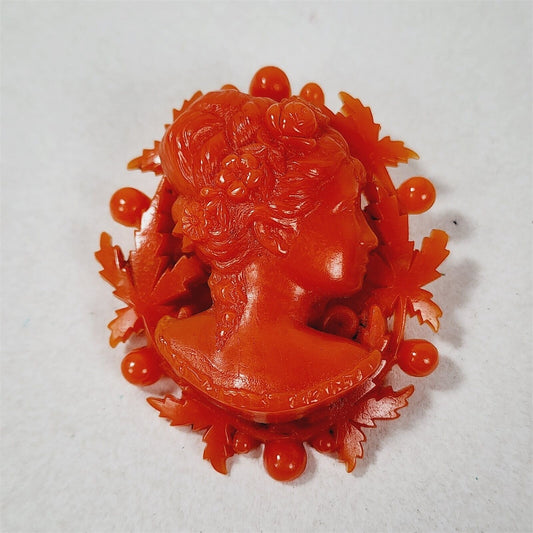 Vintage Carved Celluloid Faux Coral Cameo Leaves Brooch - 2"