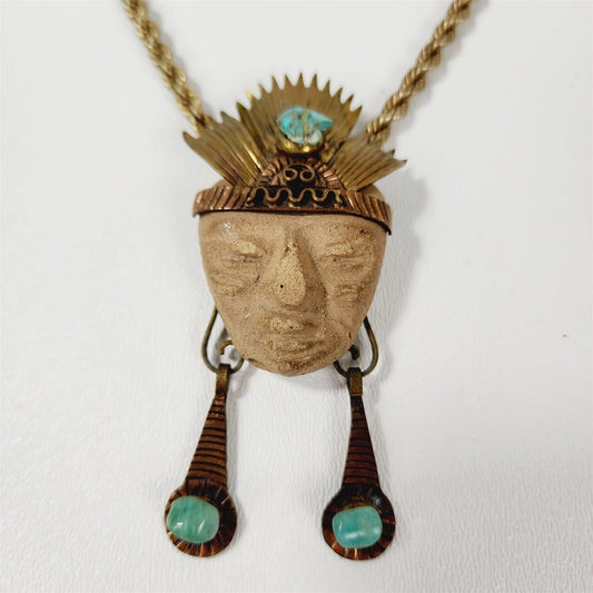 Vintage Aztec Warrior Face Brooch Pendant Ethnic Tribal Necklace