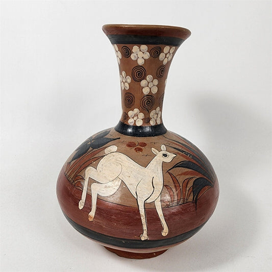 Vintage Tonala Mexican Pottery Vase Signed Hand Painted Rabbit Deer Folk Art