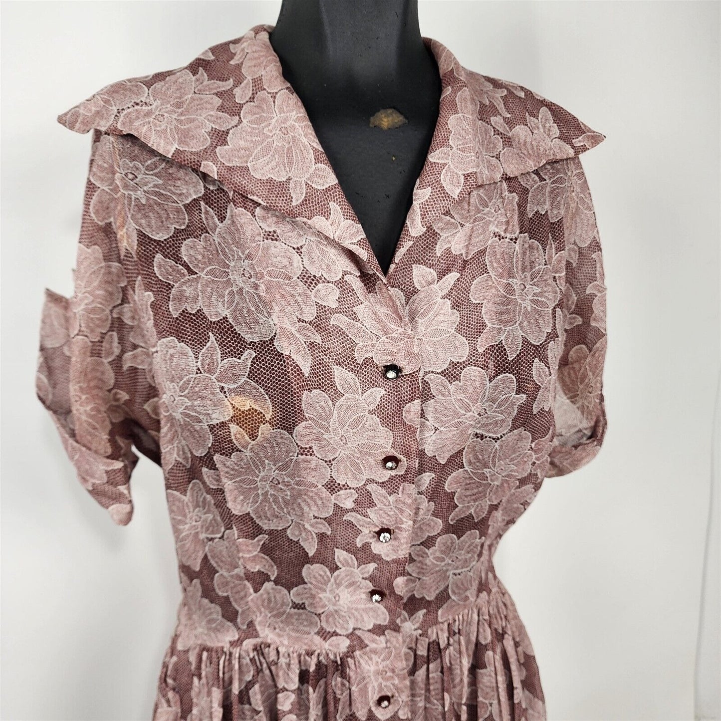 Vintage 1950s Murray White Mauve Pink Floral Print Sheer Button Front Dress