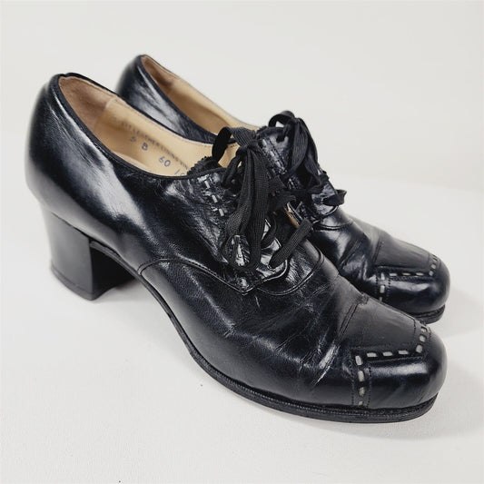 Vintage Barefoot Freedom Black Leather Lace Up Shoes Heels Womens Size 5 B