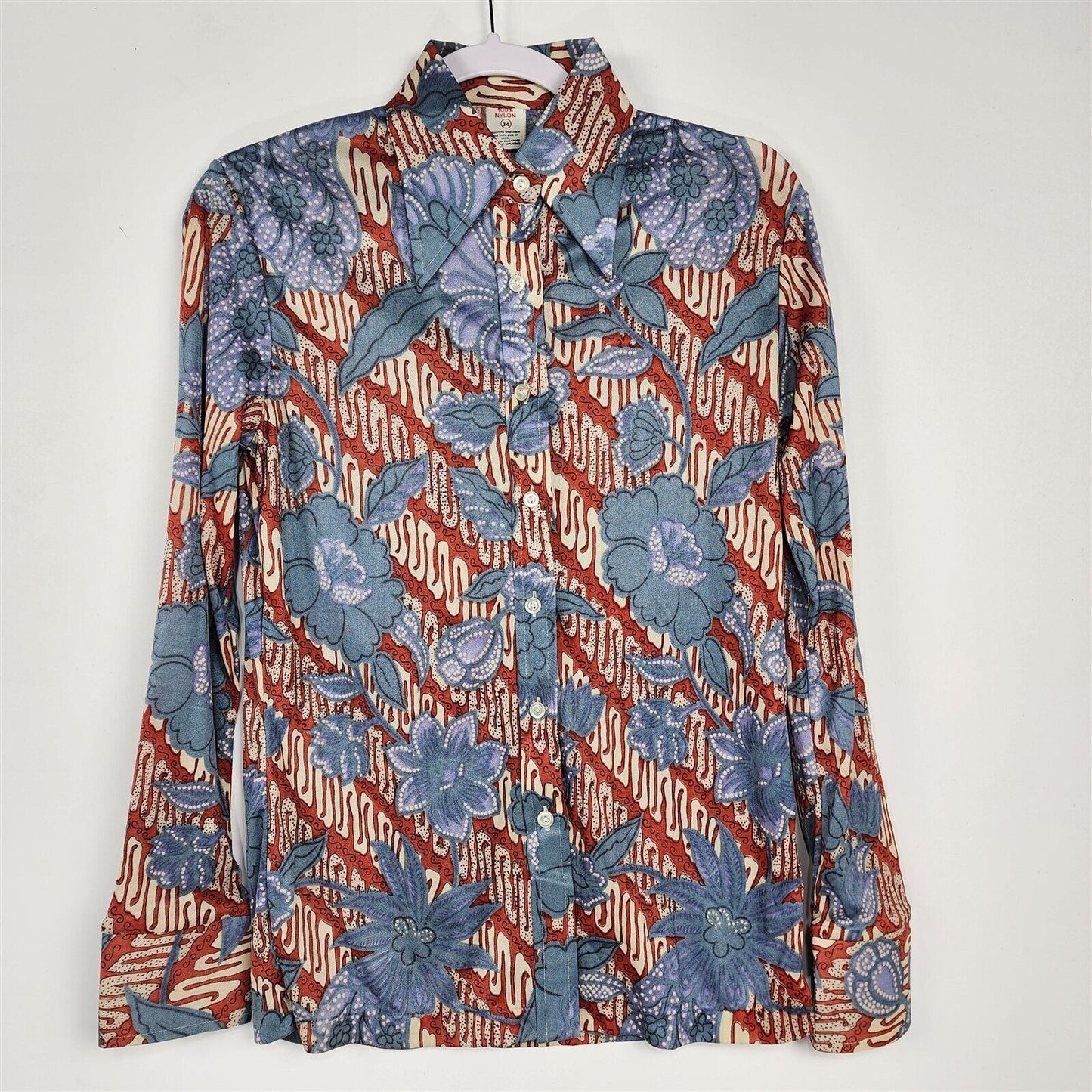 Vintage 1960s-70s Blue & Orange Floral Nylon Disco Shirt Mens 34