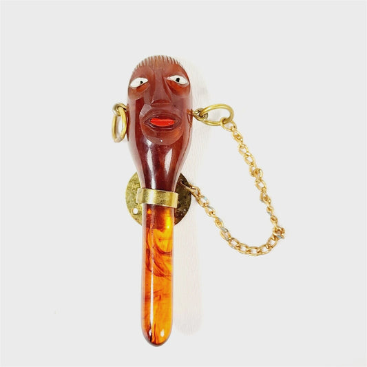 Vintage Lucite Tribal Carved Figural Face Brass Chain w/ Loop - What is it?