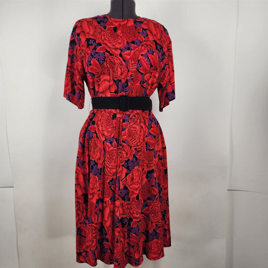 Vintage Handmade Red Black & Purple Floral Roses Dress w/ Belt