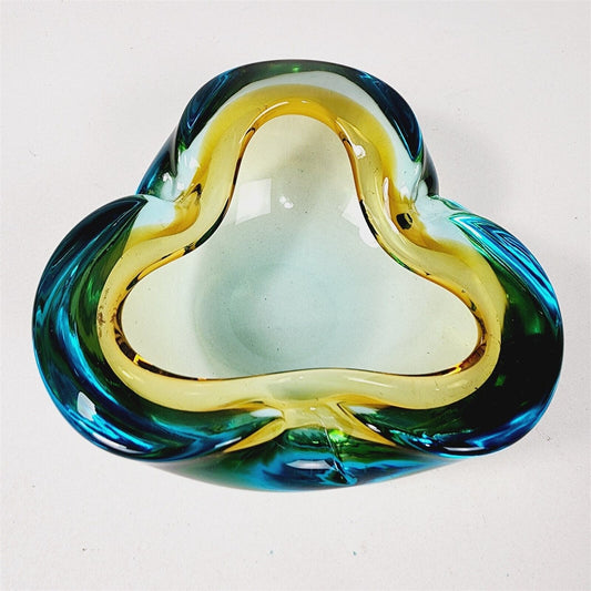 Vintage MCM Art Glass Dish Ashtray Bowl Green Blue Rim