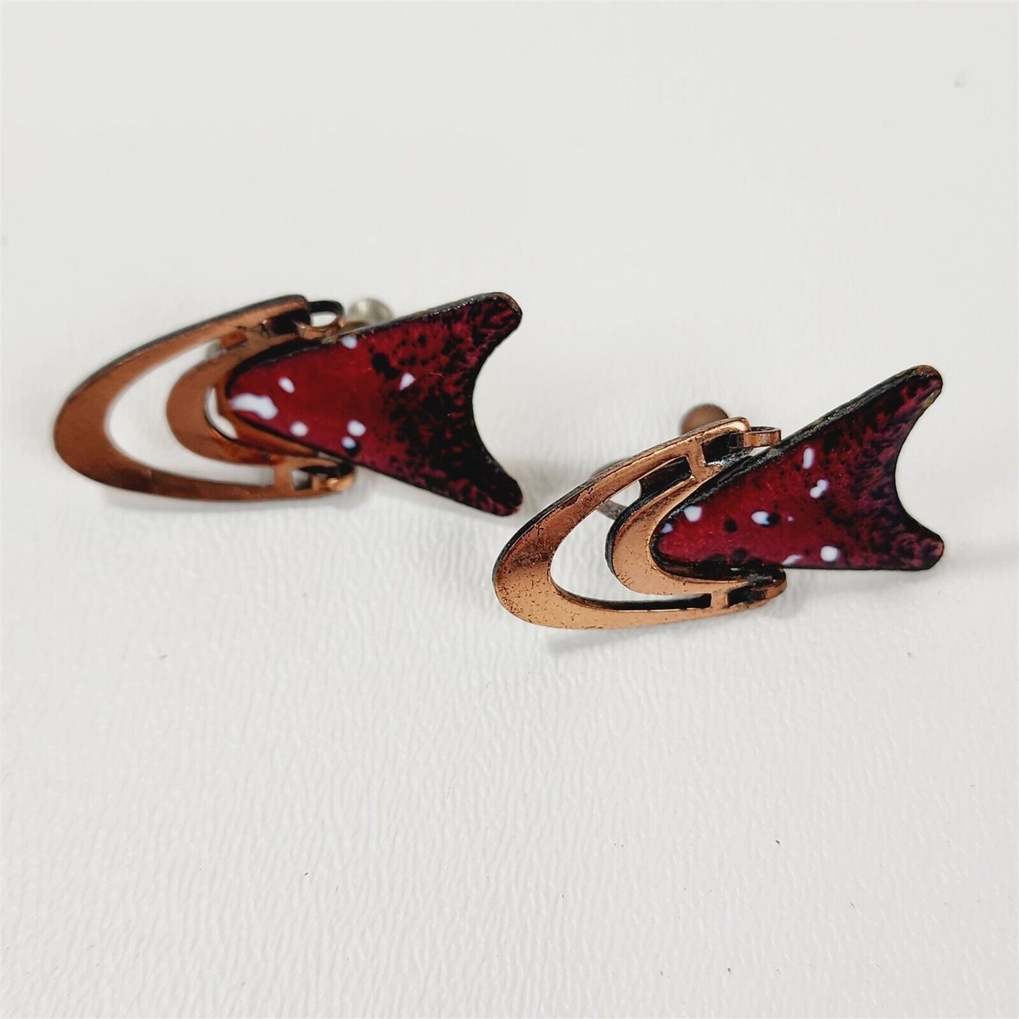 Vintage Copper Red Enamel Speckled & Renoir Matisse Screwback Clip On Earrings