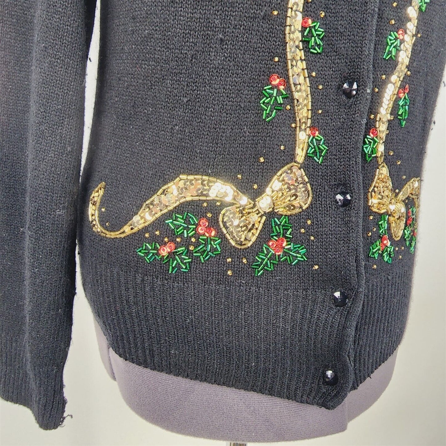 Vintage Black Christmas Cardigan Sweater Gold Bows Holly Size M